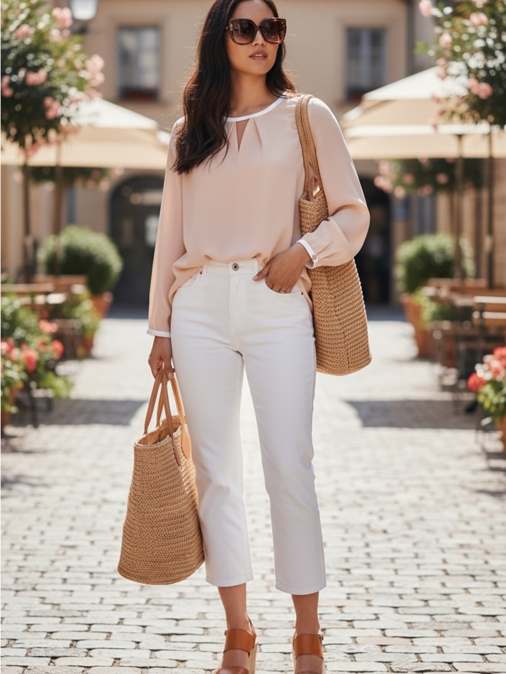 Vince Camuto xs Blush Keyhole Blouse White Trim Long Sleeve Career Top